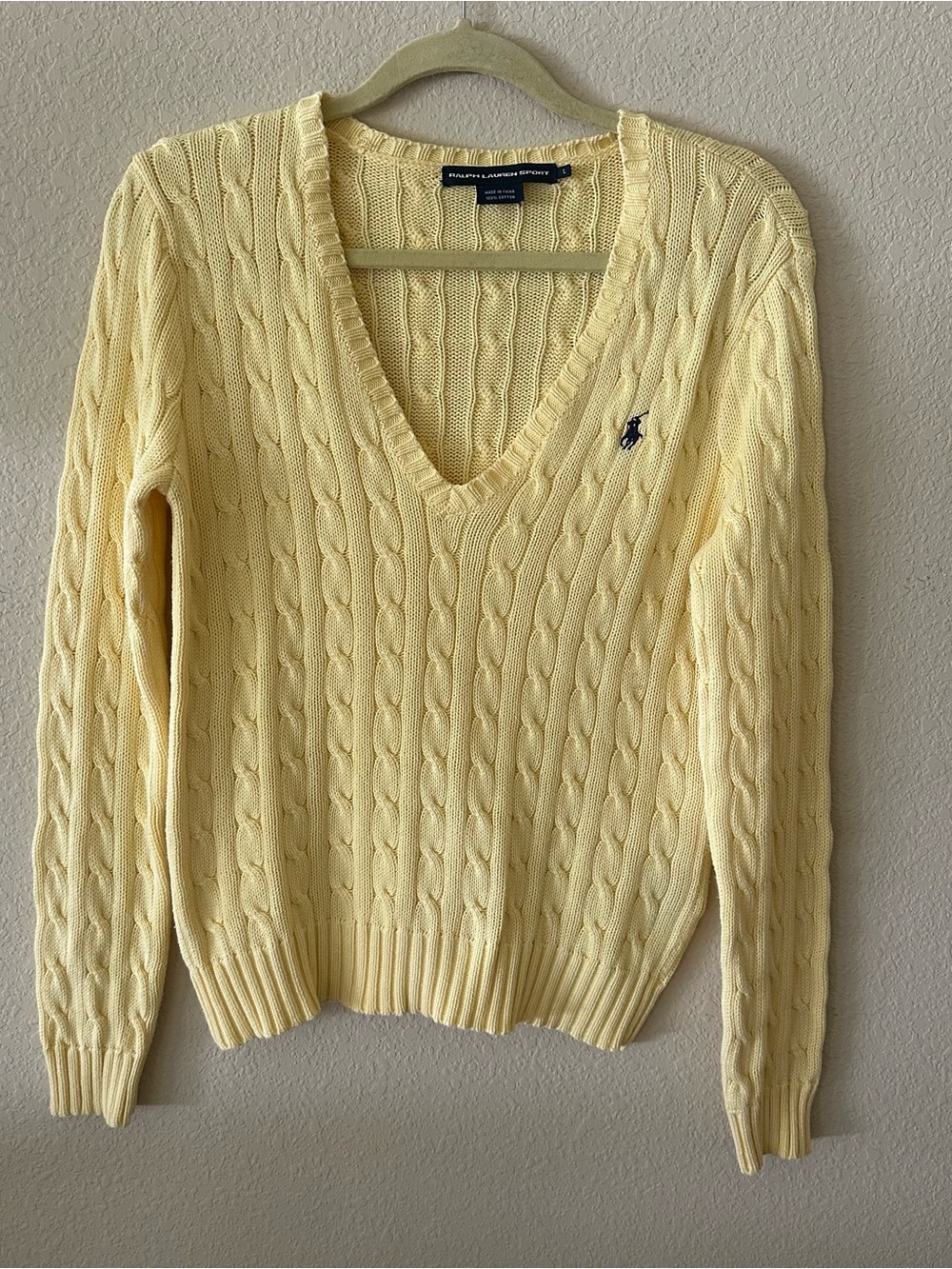 Ralph Lauren Sport Yellow Cable-Knit V-Neck Sweater 100% Cotton size Large - Picture 2 of 4